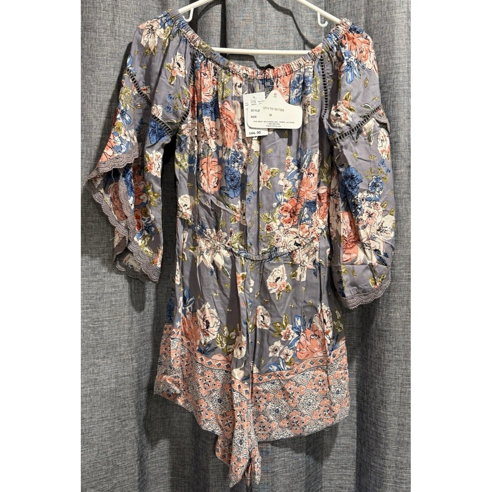 ANGIE Womens Floral Romper 3/4 Belle Sleeves Lace Trim Gray/Multi Size‎ Med. NWT